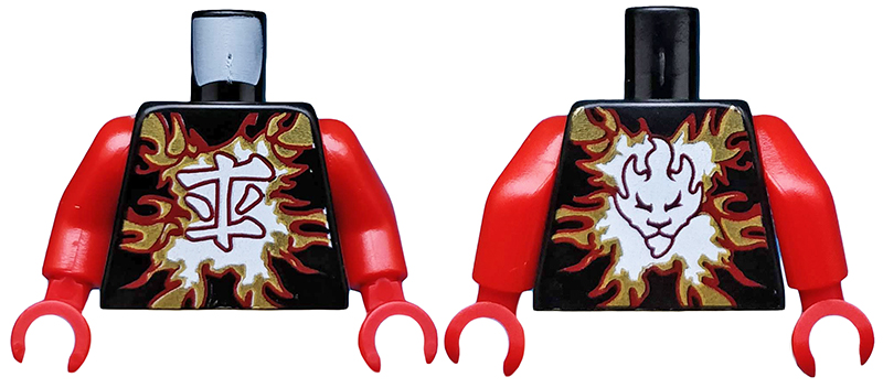 Torso Ninjago Dark Red and Gold Flames and White Ninjago Logogram 'Fire' Pattern / Red Arms / Red Hands