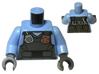 Torso Police Shirt with Dark Bluish Gray Vest, Gold Badge, Radio and 'POLICE' Pattern on Back / Bright Light Blue Arms / Dark Bluish Gray Hands