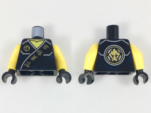 Torso Ninjago Robe with Gold Ninjago Logogram 'Fire Earth Lightning Energy' on Black Sash Pattern / Yellow Arms / Black Hands
