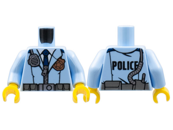 Torso Police Male Jacket with Zipper, Dark Blue Tie, Gold Badge, Radio and 'POLICE' Pattern on Back / Bright Light Blue Arms / Yellow Hands
