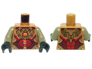 Torso Vest with Dark Red and Gold Armor Elaborate with Scales and Side Panels and Fire Chi Emblem Pattern / Olive Green Arms / Dark Green Hands