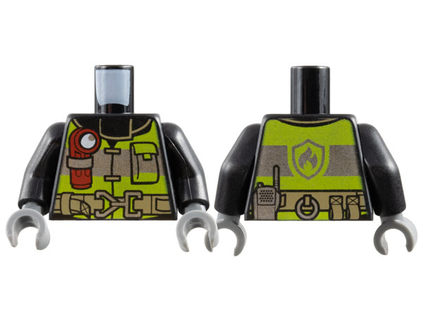 Torso Fire Reflective Stripes with Utility Belt and Flashlight Front, Fire Badge on Back Pattern / Black Arms / Dark Bluish Gray Hands
