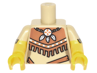 Torso Female Outline Tribal Dress with Fringe and Necklace with 3 Feathers Pattern / Yellow Arms with Tan Short Sleeves with Fringe Pattern / Yellow Hands