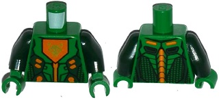 Torso Nexo Knights Armor with Orange and Gold Circuitry and Orange Emblem with Gold Fox Head Pattern / Dark Green Arms / Green Hands