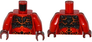Torso Nexo Knights Female Armor Chest Plate, Orange and Dark Red Cracks and Orange, Black and Dark Red Spots Pattern / Red Arms / Dark Red Hands