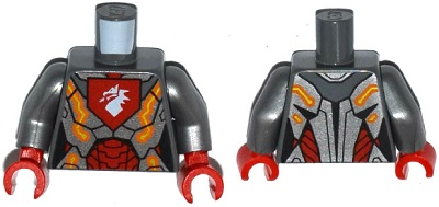 Torso Nexo Knights Female Armor with Orange and Gold Circuitry and White Dragon Head on Red Pentagonal Shield Pattern / Flat Silver Arms / Red Hands