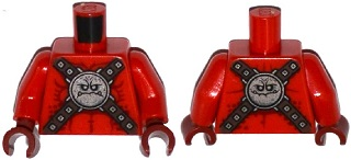 Torso Nexo Knights Bare Chest with Silver Circular Chest Armor with Straps Pattern / Red Arms / Dark Red Hands