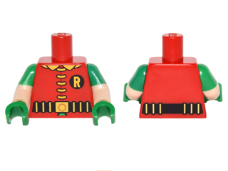 Torso Batman 'R' Symbol, 5 Yellow Clasps and Collar, Black and Gold Belt Pattern / Light Nougat Arms with Molded Green Short Sleeves Pattern / Green Hands