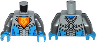 Torso Nexo Knights Armor with Orange Emblem with Yellow Crowned Lion, Dark Azure Panels Pattern / Flat Silver Arms / Dark Azure Hands