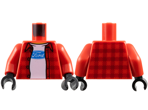 Torso Plaid Flannel Shirt Open over White T-Shirt with Ford Logo, Yellow Neck Pattern / Red Arms / Black Hands