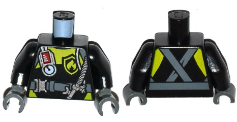 Torso Fire Scuba Diver with Utility Belt, Scuba Hose, Regulator, Fire Badge and Crossed Straps on Back Pattern / Black Arms / Dark Bluish Gray Hands