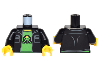 Torso Jacket with Two Pockets over Bright Green T-Shirt with 8-Bit Shooter Pattern / Black Arms / Yellow Hands