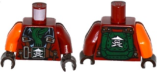 Torso Ninjago Parachute with Straps, Ninja Skull with Crossed Swords, Green Scarf Pattern / Dark Red Arm Left / Orange Arm Right / Dark Brown Hands