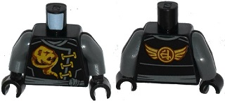 Torso Ninjago Robe Gold Ghost Emblem, Dark Bluish Gray Sash, Ninjago Logogram 'Earth' and Wings on Back Pattern / Dark Bluish Gray Arms / Black Hands