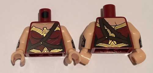 Torso Female Outline and Gold Trim and Crossbelt Pattern (Wonder Woman) / Light Nougat Arms with Silver Gauntlet Pattern / Light Nougat Hands