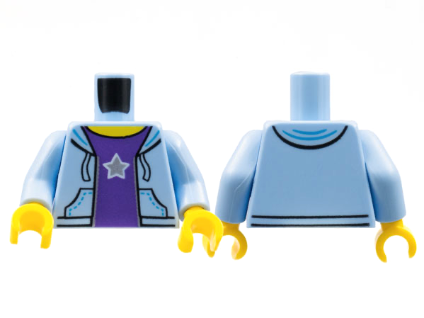 Torso Hooded Sweatshirt Open with Dark Purple Shirt with Silver Star Pattern / Bright Light Blue Arms / Yellow Hands