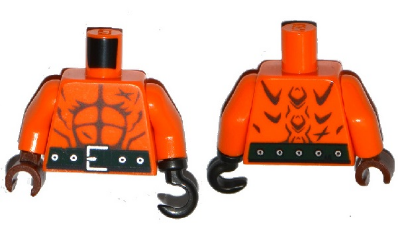 Torso Ninjago Bare Chest with Muscles Outline, Scars, Dark Green Belt on Front and Back Pattern / Orange Arms / Reddish Brown Hand Right / Pearl Dark Gray Hook Left