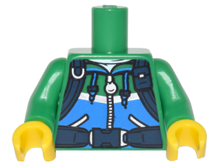 Torso Hoodie with Ties, Dark Azure Stripe, Pockets, Silver Zipper and Dark Blue Straps Pattern / Green Arms / Yellow Hands