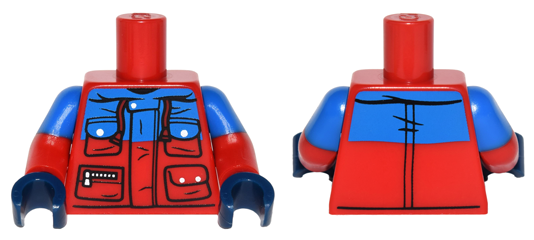 Torso Winter Jacket with Blue Panel, 4 Pockets with Snaps and Zipper Pattern / Red Arms with Molded Blue Short Sleeves Pattern / Dark Blue Hands