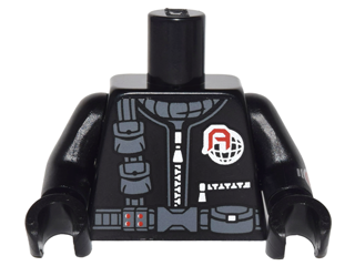 Torso Jumpsuit with Silver Zippers, Dark Bluish Gray Belt and Pouches Pattern / Black Arm Left with Stopwatch Pattern / Black Arm Right / Black Hands