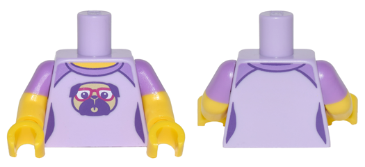 Torso Female Outline Shirt with Medium Lavender Shoulders and Pug Dog with Red Glasses Pattern / Yellow Arms with Molded Medium Lavender Short Sleeves Pattern / Yellow Hands
