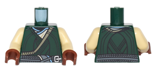 Torso Wrapped Vest over Tan and Medium Blue Shirt, Dark Bluish Gray Tied Belt Pattern / Tan Arms / Reddish Brown Hands