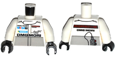 Torso Racing Suit with 'PORSCHE DMG MORI', Mobil 1 Logo and Light Bluish Gray Stripe and Radio on Back Pattern / White Arms / Black Hands