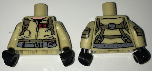 Torso Ghostbusters Jumpsuit with 'E.S.' ID Badge and Straps on Reverse Pattern / Tan Arms with Ghostbusters Pattern / Black Hands