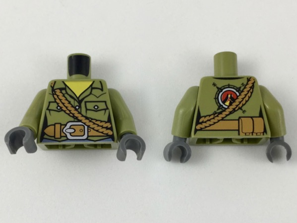 Torso Volcano Explorer Female Shirt with Belt and Shoulder Ropes Front, Volcano Logo Back Pattern / Olive Green Arms / Dark Bluish Gray Hands