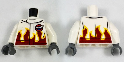 Torso Racing Jacket with Flames and Aviation Airshow Logo Pattern / White Arms / Dark Bluish Gray Hands