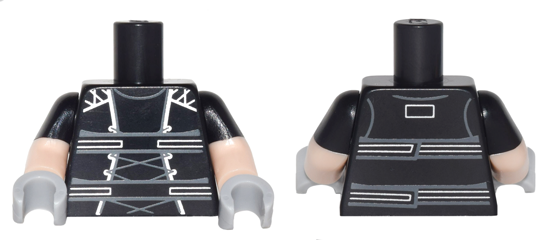 Torso Harness with Dark Bluish Gray Laces and Silver Trim Pattern / Light Nougat Arms with Molded Black Short Sleeves Pattern / Light Bluish Gray Hands