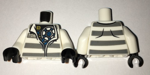 Torso Town Prisoner Open Collar, Number 706, Dark Bluish Gray Stripes, Mechanical Pattern / White Arms / Black Hands