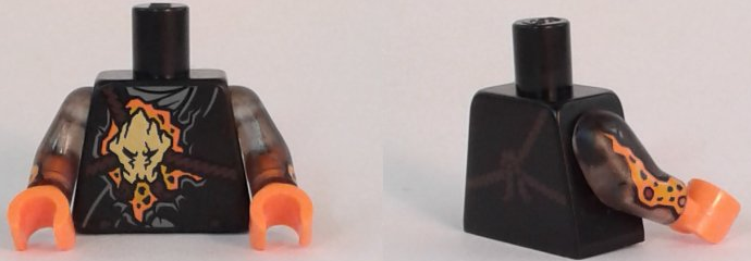 Torso Ninjago Robe with Brown Rope, Gold Medallion and Lava Pattern / Trans-Brown Arms with Orange and Yellow Flames Pattern / Orange Hands