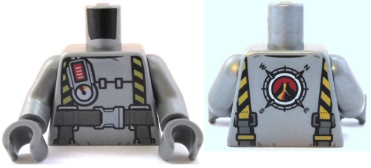 Torso Safety Suit with Gauge, Black and Yellow Straps and Gray Belt with Silver Clasp Pattern / Flat Silver Arms / Dark Bluish Gray Hands