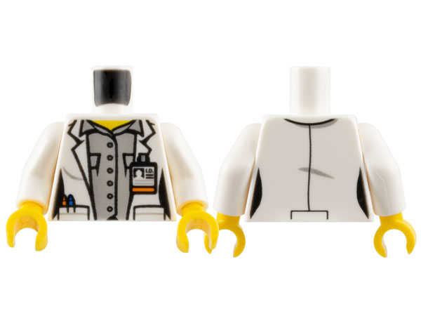 Torso Female Lab Coat Open with Pockets and ID Badge over Light Bluish Gray Button Up Shirt, Yellow Neck Pattern / White Arms / Yellow Hands