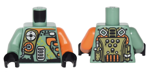 Torso Olive Green, Orange and Silver Mechanical Pack and Body Armor Pattern / Orange Arm Left / Sand Green Arm Right / Black Hands