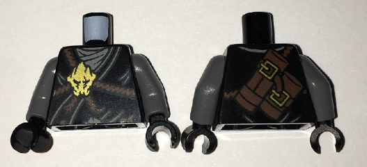 Torso Ninjago Brown Rope, Gold Medallion and Gray Undershirt Front, Scabbards on Back Pattern / Dark Bluish Gray Arms / Black Hands