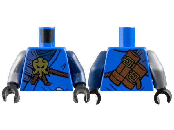 Torso Ninja Robe over Dark Blue Wrap, Silver Shoulder Armor, Reddish Brown Rope, Gold Lightning Octopus Symbol, Scabbards with Buckles on Back Pattern / Dark Blue Arm Left / Flat Silver Arm Right / Black Hands