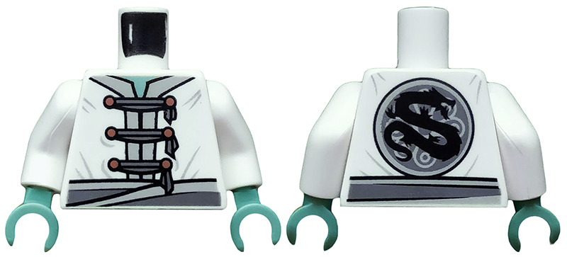 Torso Ninjago Tunic with Light Gray Trim and Belt, 3 Dark Gray Ties with Gold Buttons, Dragon Symbol on Back Pattern / White Arms / Sand Green Hands