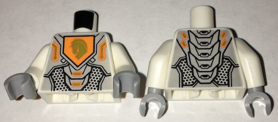 Torso Nexo Knights Armor with Orange and Gold Circuitry and Gold Horse Head on Orange Pentagonal Shield Pattern / White Arms / Light Bluish Gray Hands