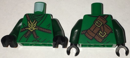Torso Ninjago Brown Rope, Gold Medallion and Dark Green Undershirt Front, Scabbards on Back Pattern / Dark Green Arms / Black Hands
