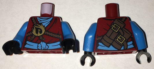 Torso Ninjago Brown Rope, Gold Phoenix Medallion and Dark Azure Sash Front, Scabbards on Back Pattern / Dark Azure Arms / Black Hands