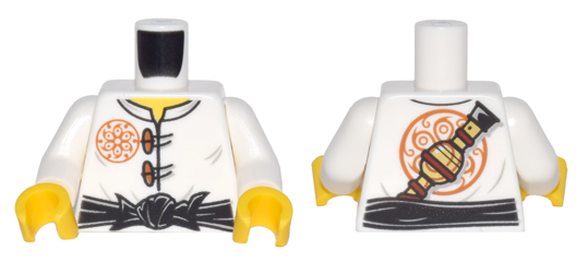 Torso Ninjago Dark Orange Flower Medallion and Toggle Buttons, Black Sash, Pipe on Back Pattern / White Arms / Yellow Hands