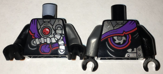 Torso Ninjago Robe with Purple Sash with Knot, Mechanical Parts and Silver Saw Blade Pattern / Flat Silver Arm Left / Black Arm Right / Black Hands