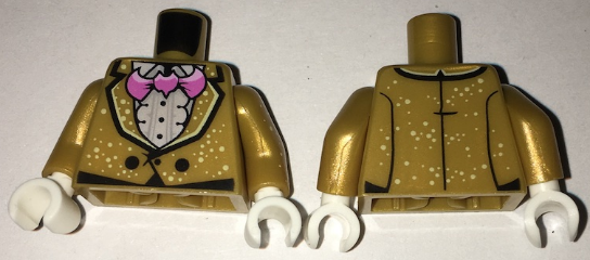 Torso Jacket with White Speckles over Ruffled Shirt, Pink Bat Bow Tie, Two Black Buttons Pattern / Pearl Gold Arms with Speckles Pattern / White Hands