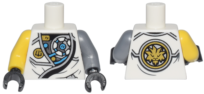 Torso Ninjago Robe with Exposed Mechanical Parts, Ninjago Logogram Letter Z, and Gold Lion on Back Pattern / Flat Silver Arm Left / Yellow Arm Right / Black Hands
