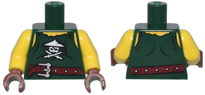 Torso Tank Top Tattered with White Ninja Skull with Crossed Swords, Dark Red Belt with Silver Buckle, Yellow Shoulders and Neck Pattern / Yellow Arms / Reddish Brown Hands