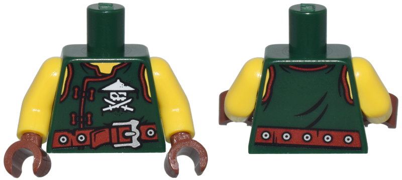 Torso Ninjago Vest with Red Clasps, Ninja Skull with Crossed Swords and Red Belt with Silver Buckle Pattern / Yellow Arms / Reddish Brown Hands