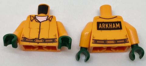 Torso Prisoner Jumpsuit with Dark Orange Belt over White Shirt, 'ARKHAM' on Black Rectangle on Back Pattern / Orange Arms / Dark Green Hands