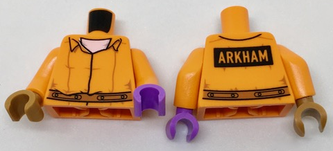 Torso Prisoner Jumpsuit with Dark Orange Belt over White Shirt, 'ARKHAM' on Black Rectangle on Back Pattern / Orange Arms / Medium Lavender Hand Left / Medium Nougat Hand Right